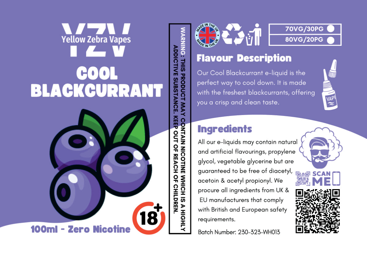 100ml Cool Blackcurrant Flavoured e-liquid Yellow Zebra Vapes 100ml Cool Blackcurrant Flavoured e-liquid Yellow Zebra Vapes