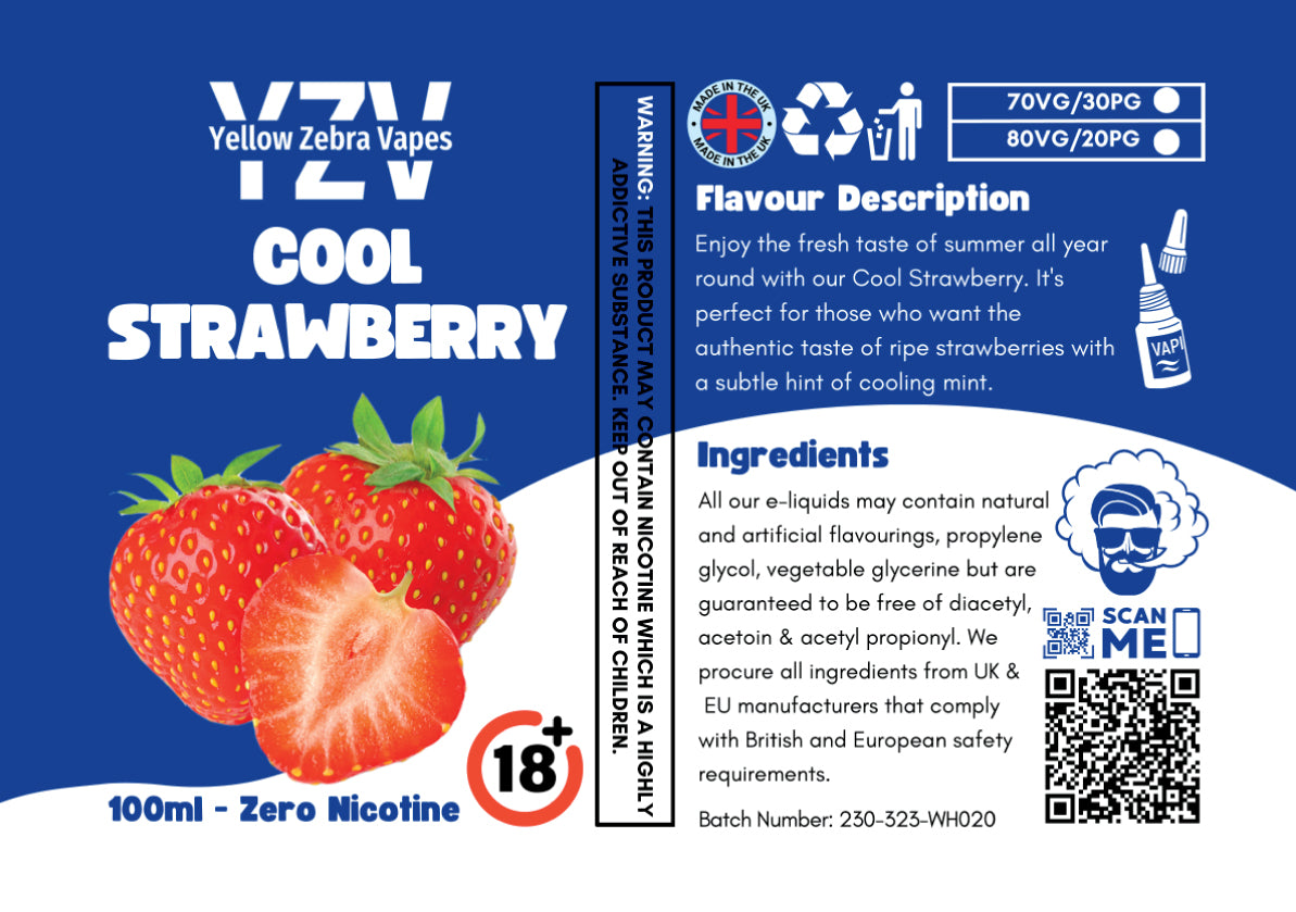 100ml Cool Strawberry Flavoured e-liquid Yellow Zebra Vapes 100ml Cool Strawberry Flavoured e-liquid Yellow Zebra Vapes