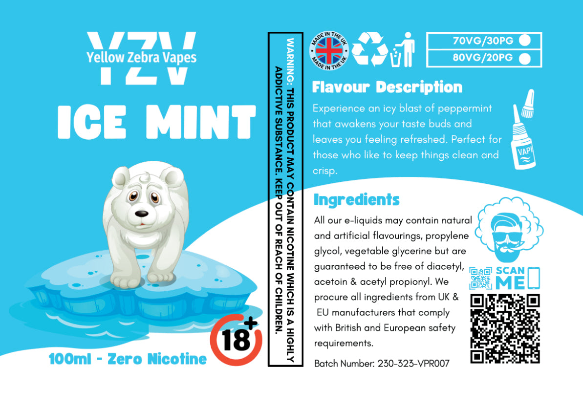 Ice Mint flavour label showing a polar bear floating atop an iceberg!